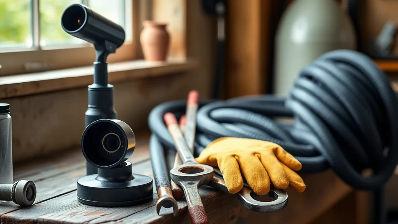 Drainage tools on a workshop bench