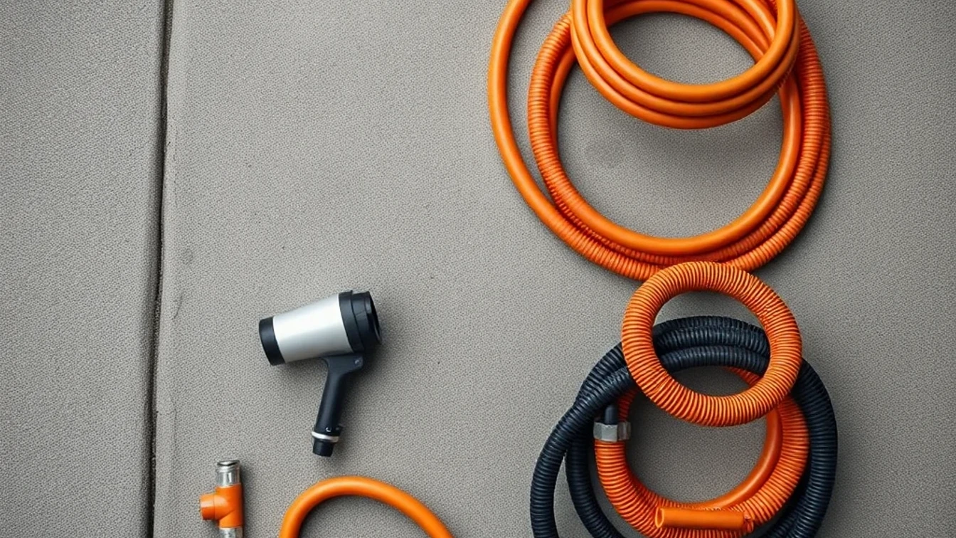 Flat-lay of drain rods, CCTV camera and jetting hose