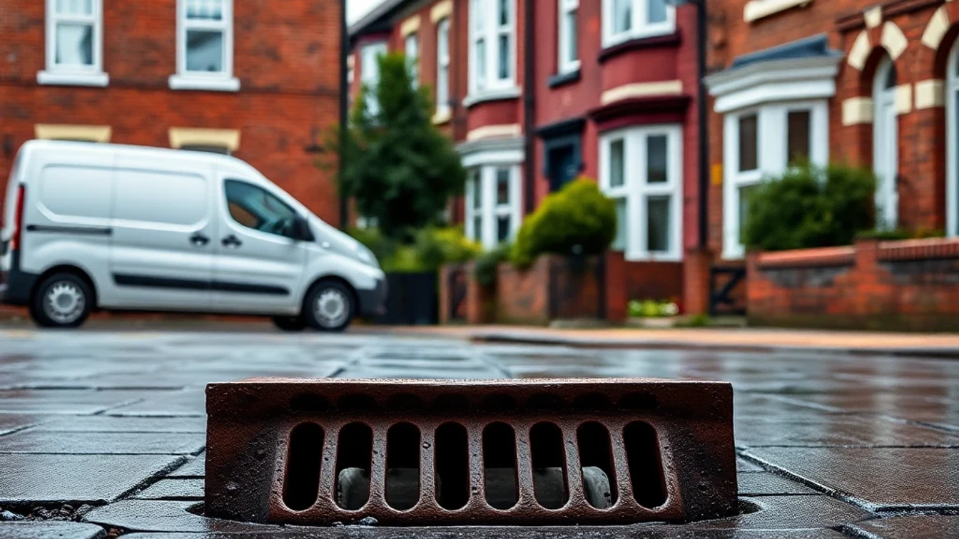 Wearside Victorian terraces with cast-iron drain grate on wet Sunderland pavement