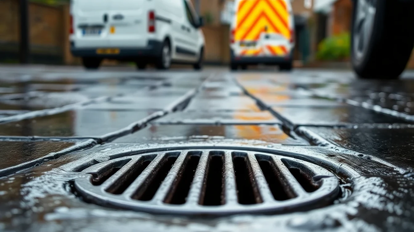 Drain grate on wet North East England pavement